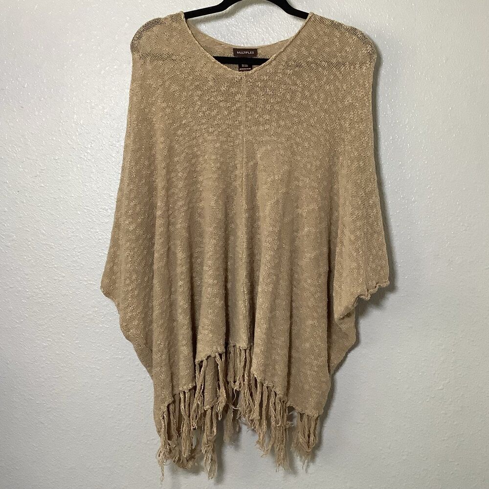 Tan Bohemian Boho Hippie Festival Fringe Knit Goblincore Lagenlook Poncho L
